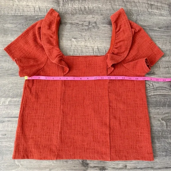 Madewell Ruffle Sleeve Top Rust Orange Square Neck Textured S - Picture 10 of 12